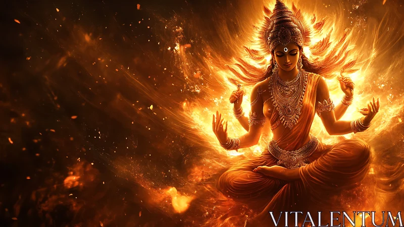 Flameborn goddess in radiant meditation amid swirling embers.