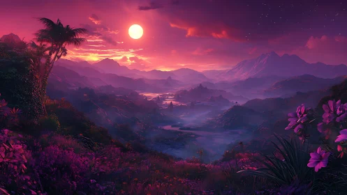 Lunar-lit tropical valley under magenta cinematic sky.