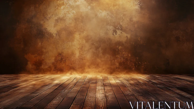 Cinematic wooden stage floor with textured amber backdrop glow