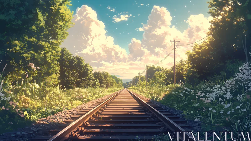 Sunlit rural railway recedes under cumulonimbus sky in anime style