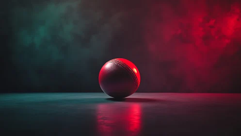 Cricket ball on reflective surface under colored studio light.