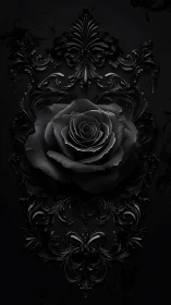 Black rose rests within ornate baroque carved frame.