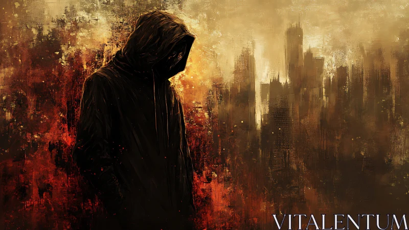 Hooded figure stands before abstract burning cityscape