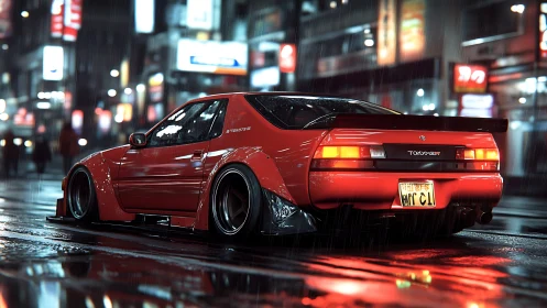 Low-slung red tuner coupe in neon-soaked nocturnal rainfall.