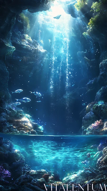 Sunlit abyss where coral gardens drink falling starlight.