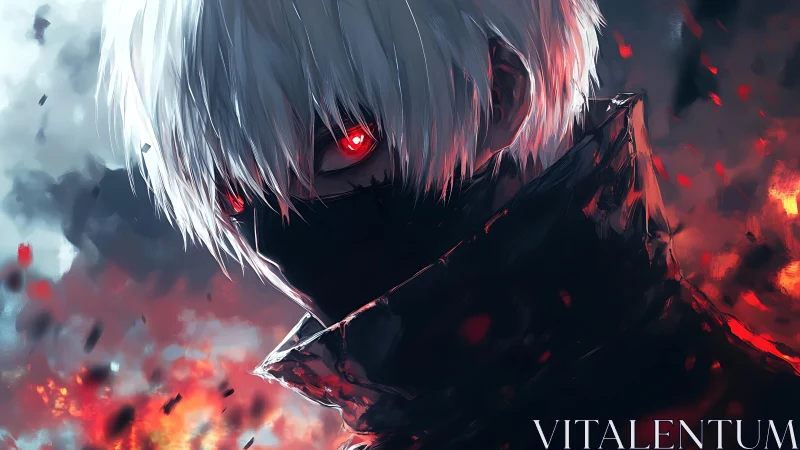 High-contrast anime portrait with fiery atmospheric depth.