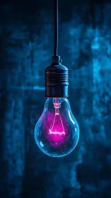 Neon light bulb with glowing pink core on blue background.