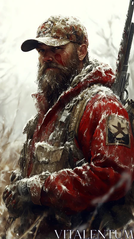 Snow‑coated tactical hunter in red parka with scoped rifle.