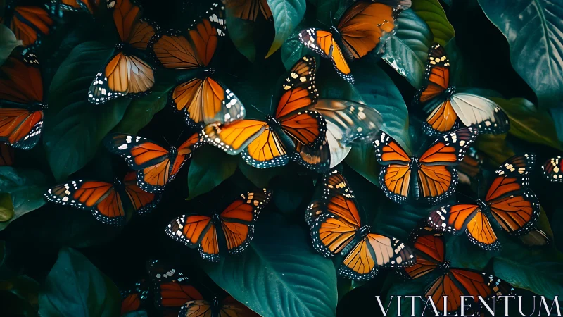 Monarch butterflies rest on dense foliage in filtered light
