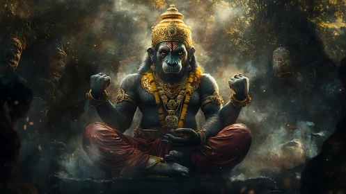 Digital painting of mythic simian deity in meditative power pose.