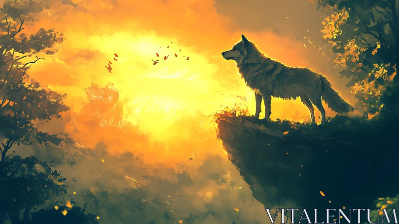 Backlit wolf silhouette surveying misty canyon at golden sunrise