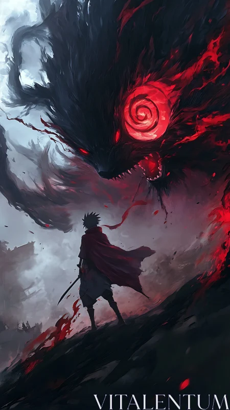 Digital painting of lone swordsman versus infernal spirit vortex.