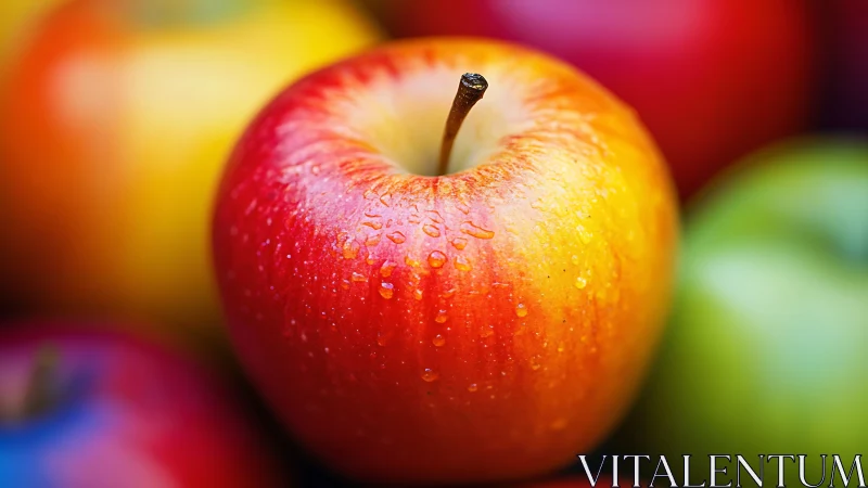 Close-up image shows red-yellow apple with surface moisture