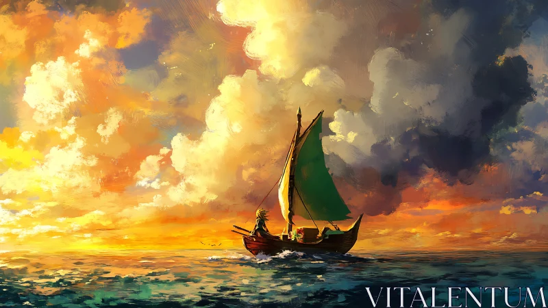 Digital painting seascape with lone sailboat under radiant sunset sky.