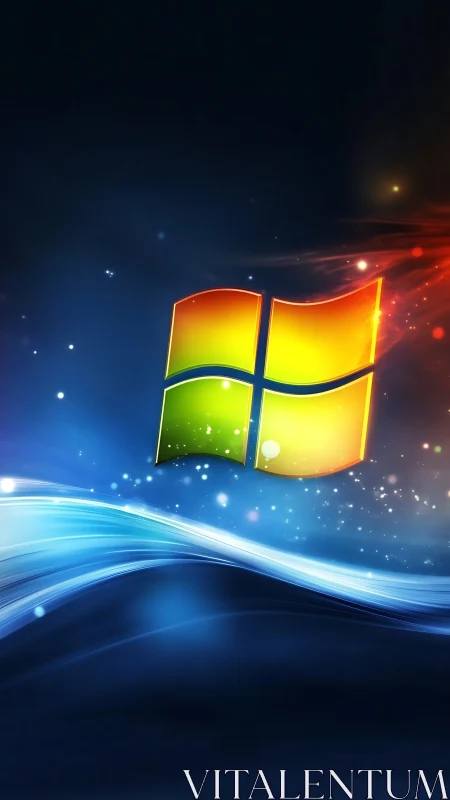 Windows logo glows above abstract blue light waves.