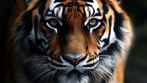 Tiger frontal close-up with detailed facial markings profile.