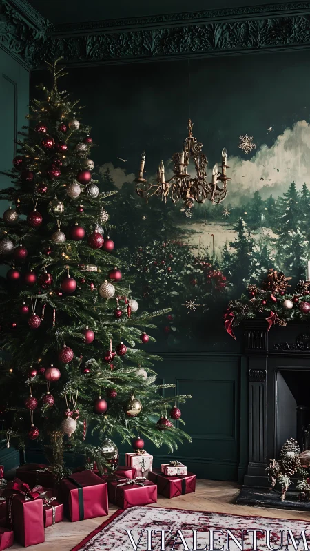 Opulent Christmas tree beside dark green fireplace scene.
