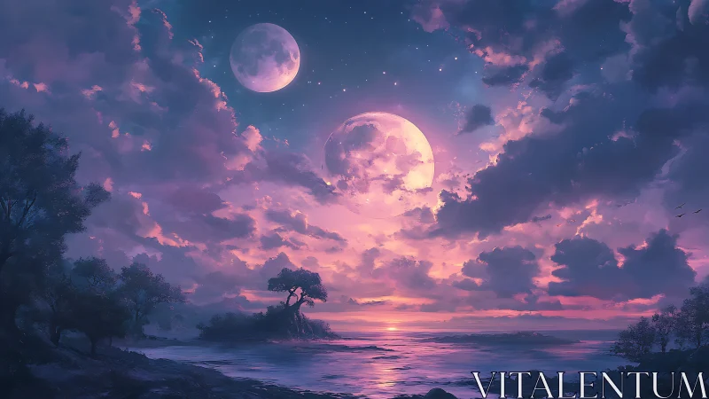 Dusky twin moons glow softly above a tranquil violet sea