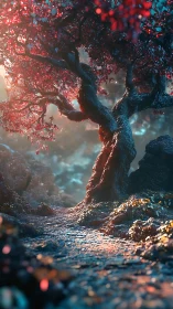 Crimson dreamtree bends low to guard the glowing forest path