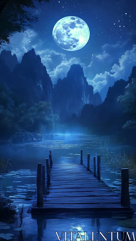 Moonlit wooden pier over calm lake in blue night landscape.