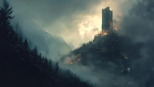 Lone mountain tower glowing through stormy twilight fog.