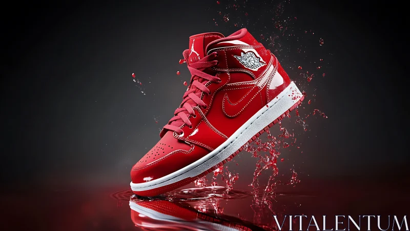 Red athletic sneaker is rendered with dynamic liquid splash