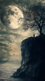 Giant moon looms above solitary figure on stormy cliff.