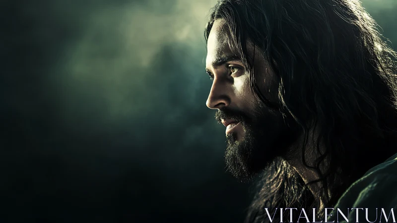 Contemplative bearded man emerges from dramatic shadowed light