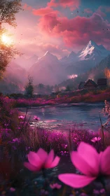 Sunlit alpine valley glows in surreal magenta twilight.