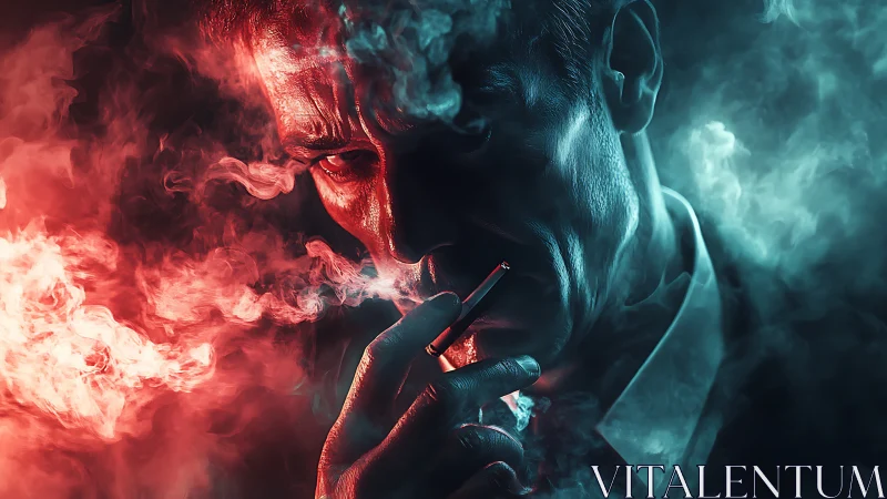 Midnight smoker weighs sins beneath split neon skies