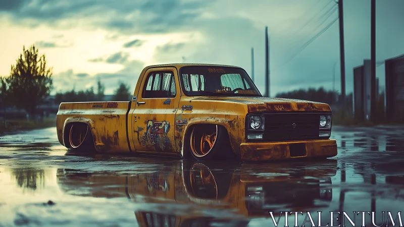 Bagged yellow vintage pickup truck on wet reflective pavement at dusk