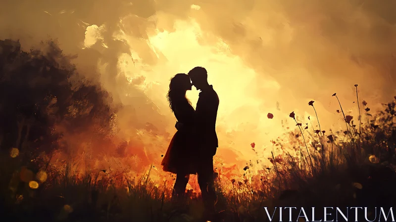 Silhouetted couple kissing in golden sunset field with flowers