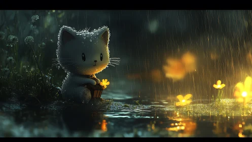 A Little Cat's Moment of Wonder in the Rain.