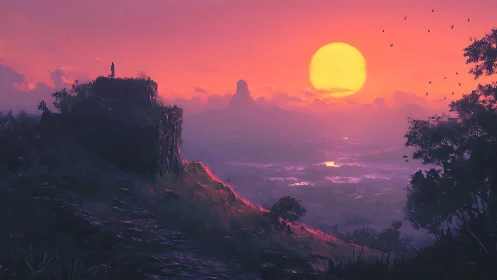 Solitary wanderer gazes over a glowing violet sunset valley