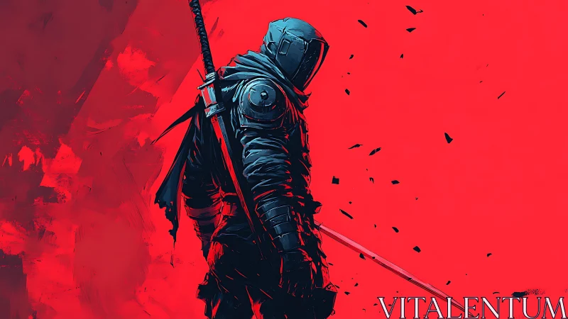 Armored cybernetic swordsman on crimson negative space field