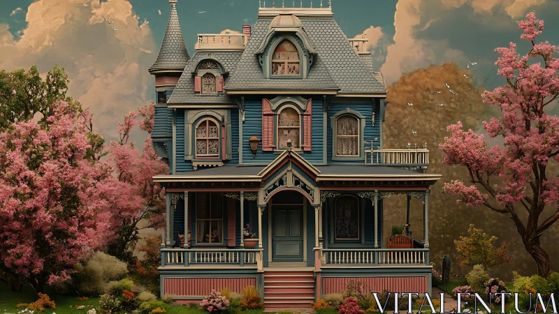 Victorian blue manor with ornate porch and blooming trees.