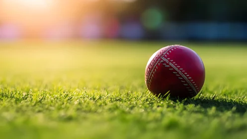 Red cricket ball on sunlit pitch with shallow focus.