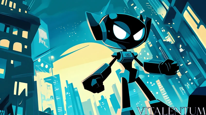 Small combat robot stands ready above neon cityscape