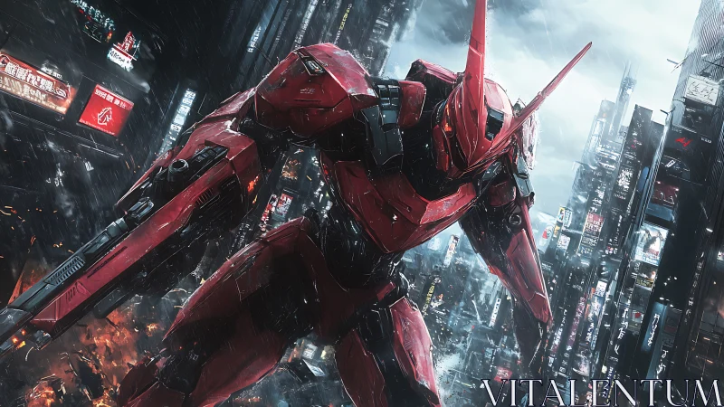 Red combat mech towering over neon city in heavy rain.