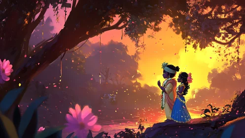 Two figures stand beneath ancient trees at golden sunset.