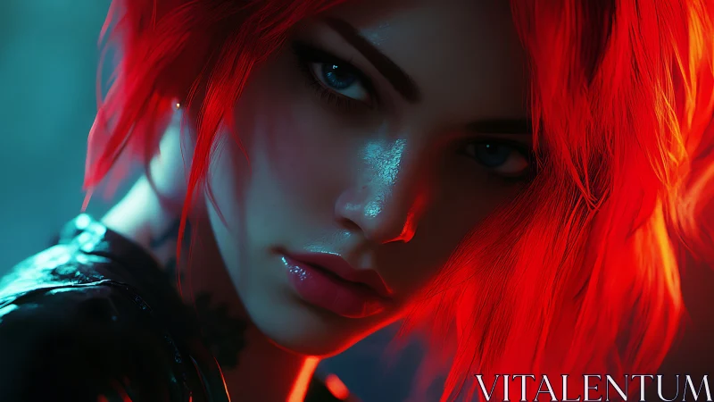Intense closeup portrait of red haired woman in neon light.