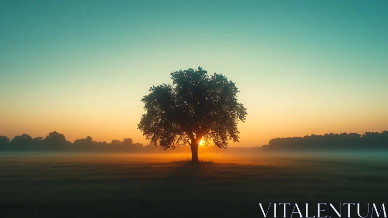 Solitary tree anchors a misty field at cinematic sunrise
