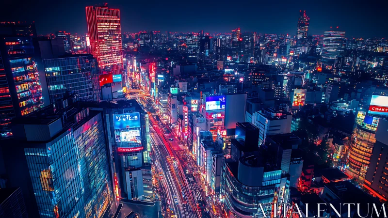 Neon lit city street cuts through dense high rise skyline at night