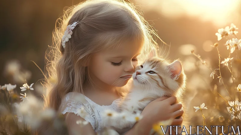 Young child with kitten in flower field, warm golden hour lighting