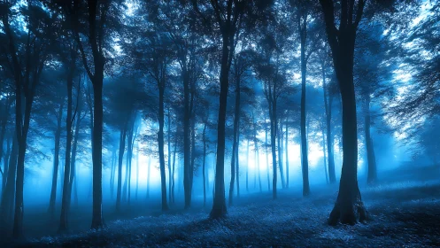 Misty forest path glowing with ethereal blue light through towering trees