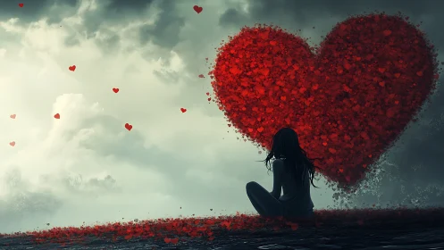 Silhouetted Figure Contemplating Fragmented Heart Form.