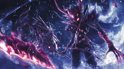 Voidborn knight with spectral dragon in cosmic battle.