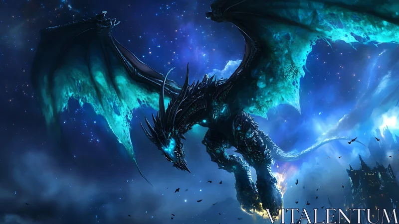 Star-eaten dragon erupts from midnight skies above cursed citadel