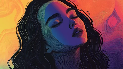 Color-saturated female portrait in swirling gradient lines.