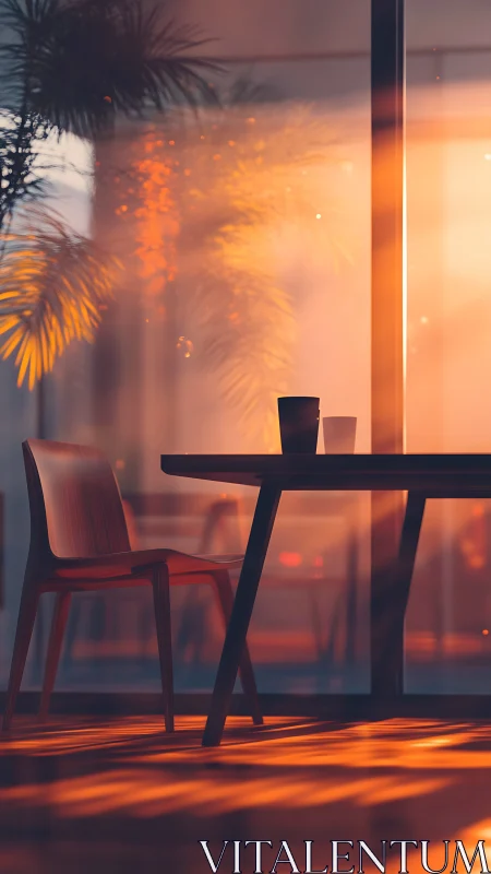 Photorealistic minimal interior table scene in warm sunset light.